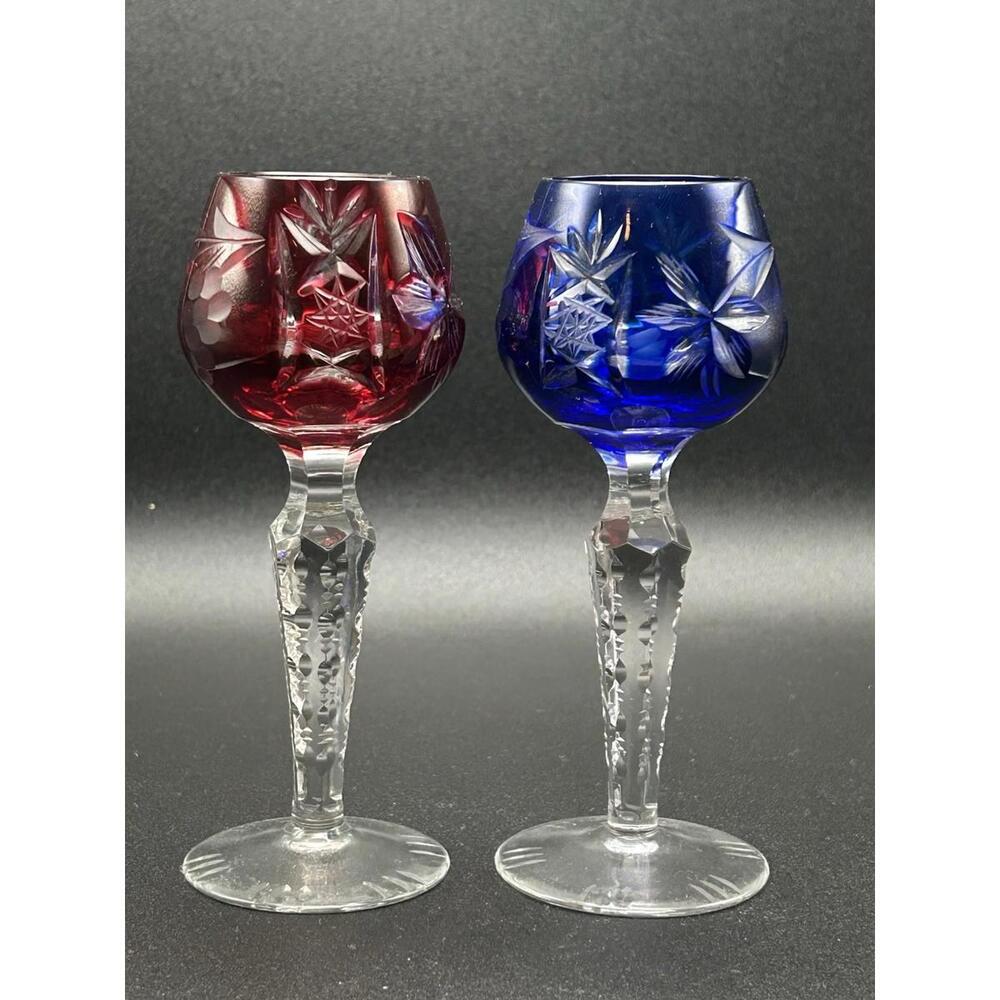 Vintage Set 2 Nachtmann Traube Crystal Cut To Clear Ruby Red & Cobalt Glasses